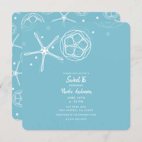 White Pearl Starfish Sweet 16 Sixteen Party Invitation