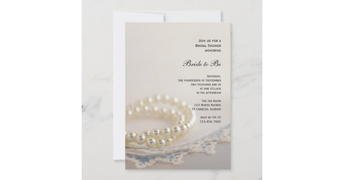 White Pearls and Blue Vintage Lace Bridal Shower Invitation