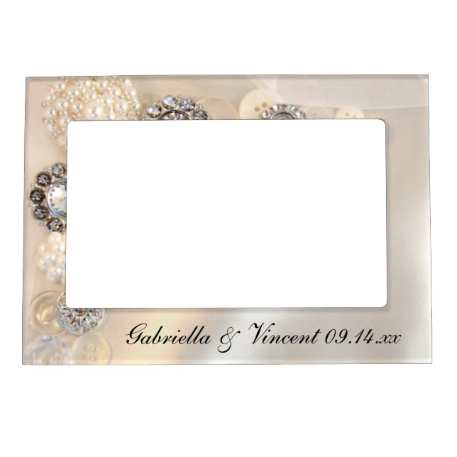 White Pearls and Diamond Buttons Wedding Magnetic Photo Frame (Front)