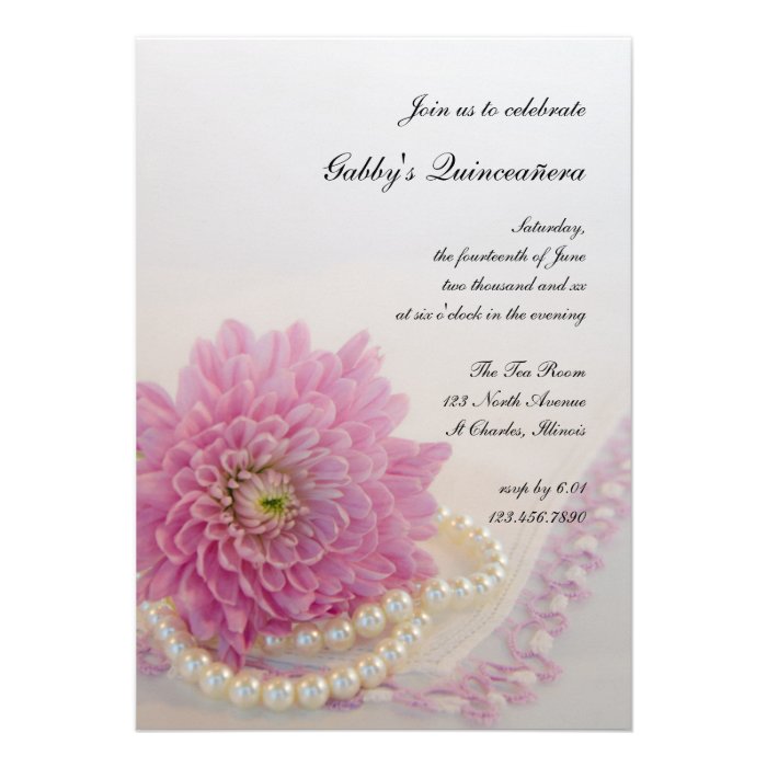 White Pearls and Pink Lace Quinceañera Party Invitations
