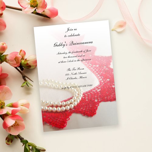 White Pearls and Red Lace Quinceaera Party Invitation