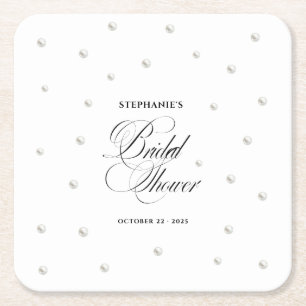 White Pearls Bridal Shower Square Paper Coaster