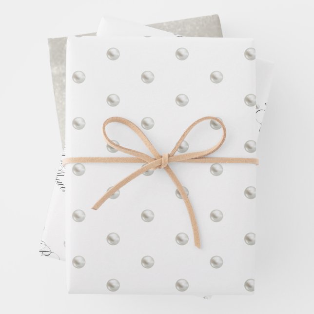 White Pearls Bridal Shower Wrapping Paper Sheets (In situ)