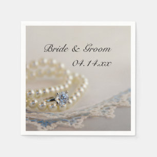 White Pearls, Diamond Ring and Blue Lace Wedding Napkins