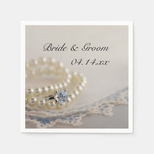 White Pearls Diamond Ring and Blue Lace Wedding Napkins