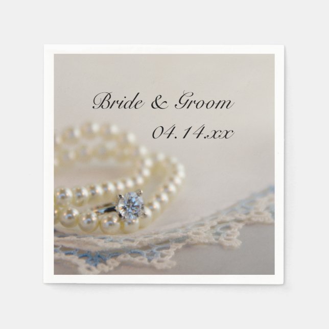 White Pearls, Diamond Ring and Blue Lace Wedding Napkins (Front)