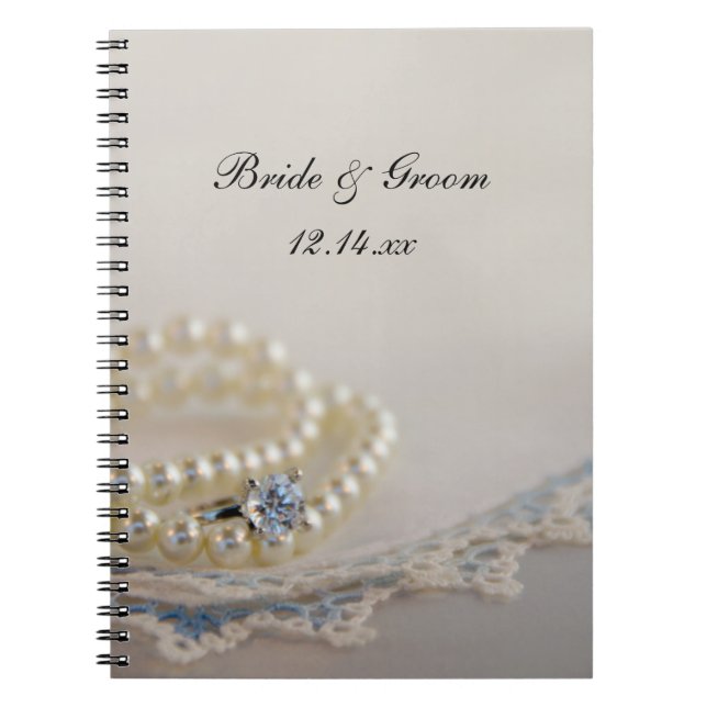 White Pearls, Diamond Ring and Blue Lace Wedding Notebook (Front)