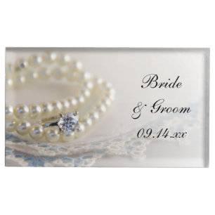 White Pearls, Diamond Ring and Blue Lace Wedding Table Card Holder
