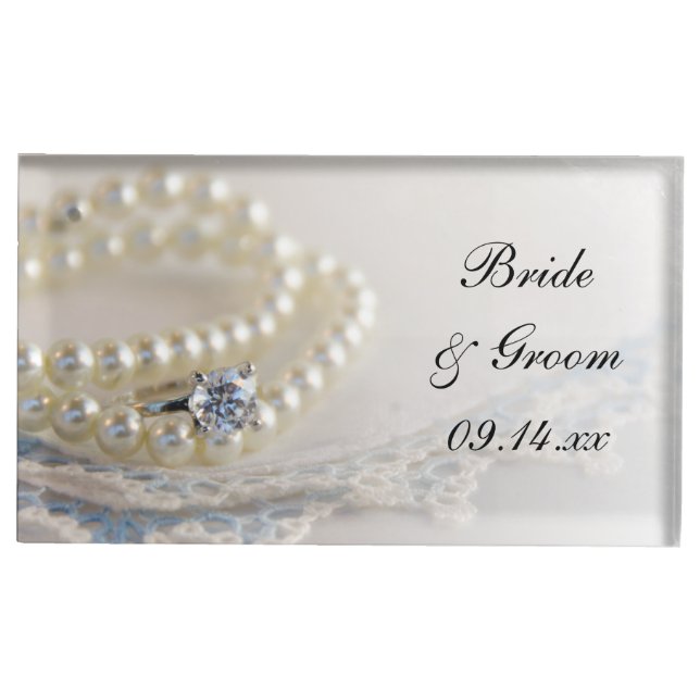 White Pearls, Diamond Ring and Blue Lace Wedding Table Card Holder (Front)