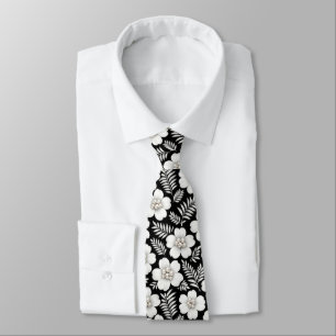 White Pearls in Flowers on Black Neck Tie