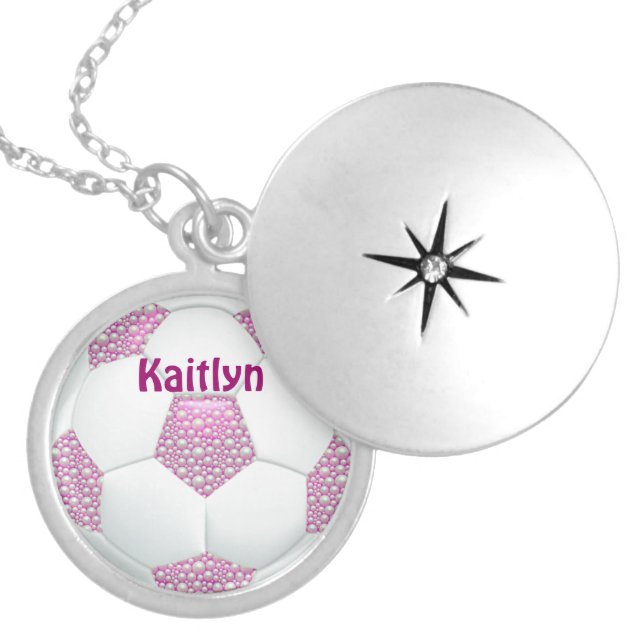White Pearls on Pink Soccer Ball Locket Necklace (Front)