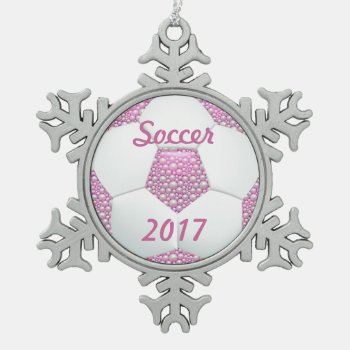 White Pearls On Pink Soccer Ball Snowflake Pewter Christmas Ornament by KitzmanDesignStudio at Zazzle
