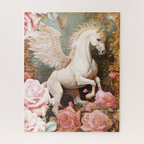 White Pegasus and Pink Roses Jigsaw Puzzle