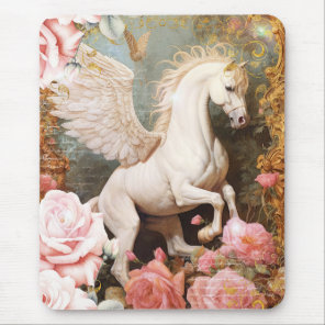 White Pegasus and Pink Roses Mouse Pad