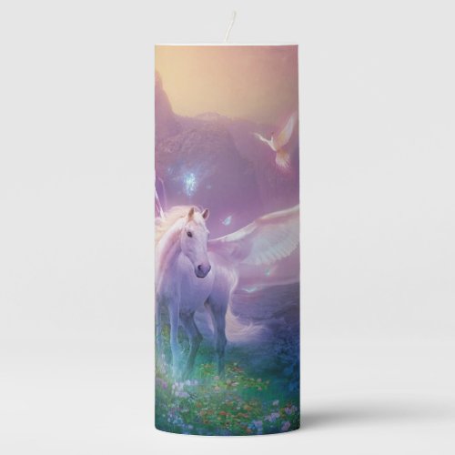White Pegasus In a Magic Meadow 3 Sizes Pillar Candle