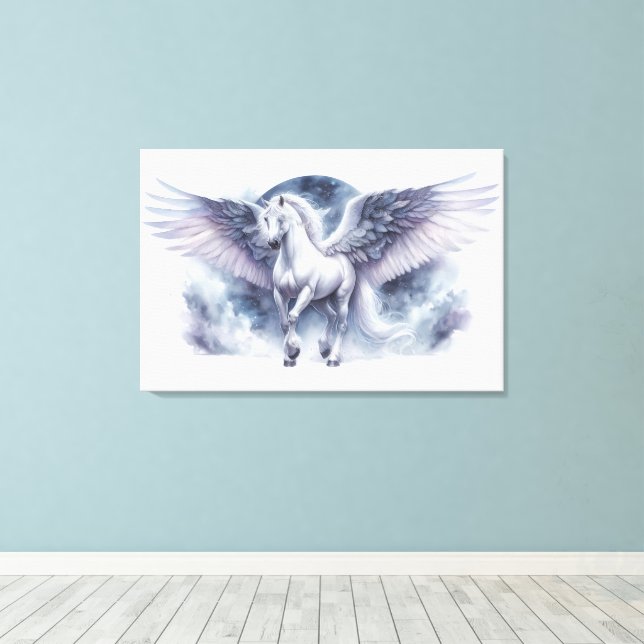 White Pegasus Moonlit Wings Celestial Dream Canvas Print (Insitu(Wood Floor))