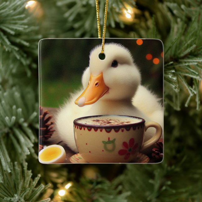 White Pekin Christmas Duck Ceramic Ornament (Tree)