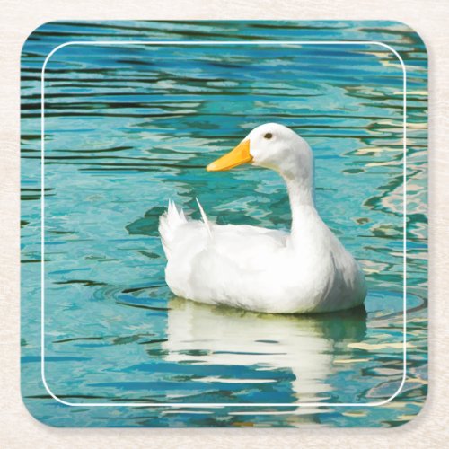 White Pekin Duck  _ Nature Photo Lake Reflections Square Paper Coaster