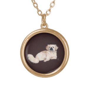 White Pekingese Dog Gold Plated Necklace