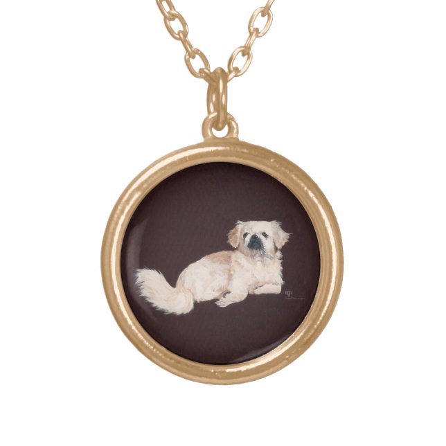 White Pekingese Dog Gold Plated Necklace (Front)