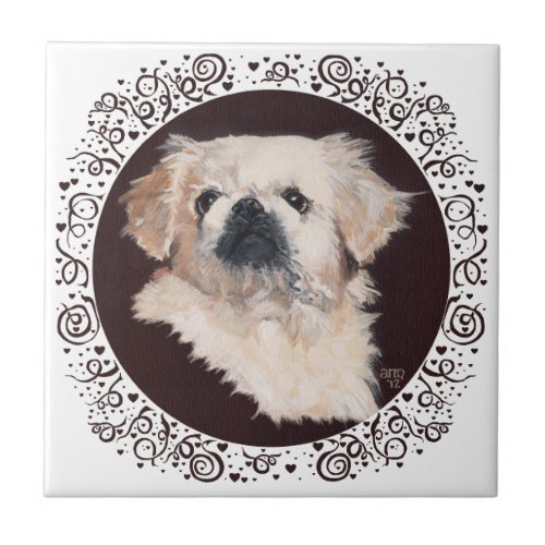 White Pekingese Head Study Tile