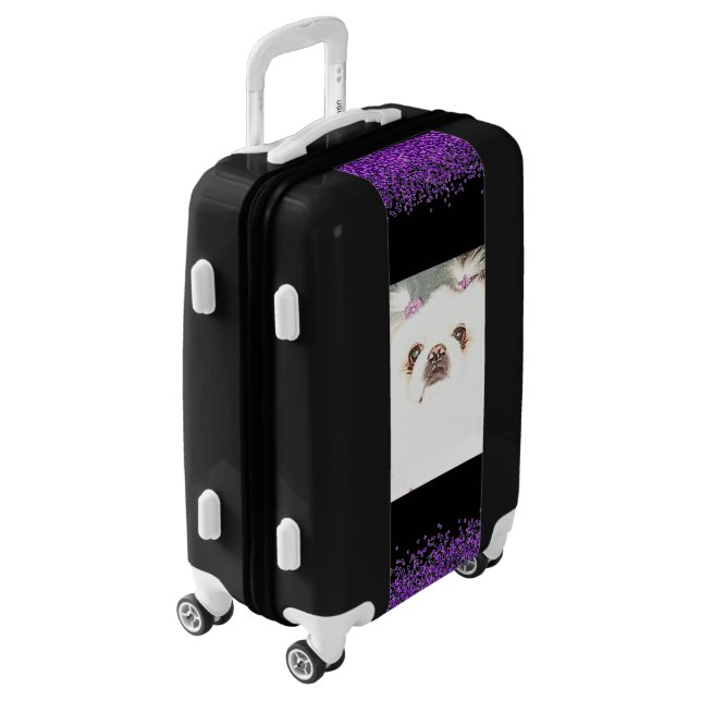 White Pekingese Purple Sparkle Piece of Luggage (Rotated Left)