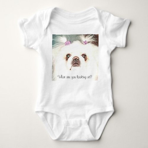 White Pekingese What are you looking at Funny Baby Bodysuit