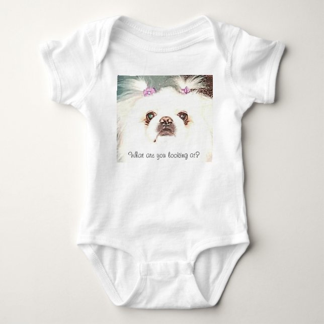 White Pekingese What are you looking at? Funny Baby Bodysuit (Front)