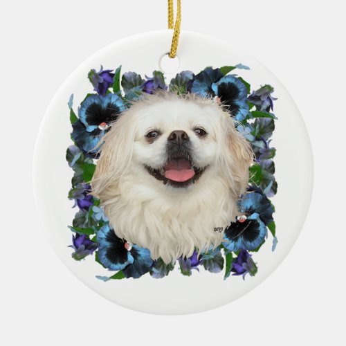 White Pekingese with Pansies Ceramic Ornament