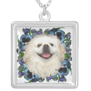 White Pekingese with Pansies Silver Plated Necklace