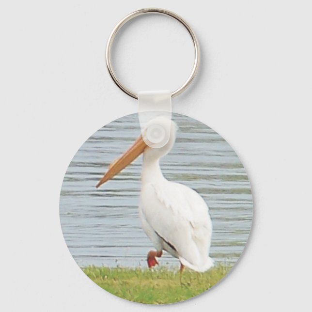 white pelican along shoreline keychain (Front)