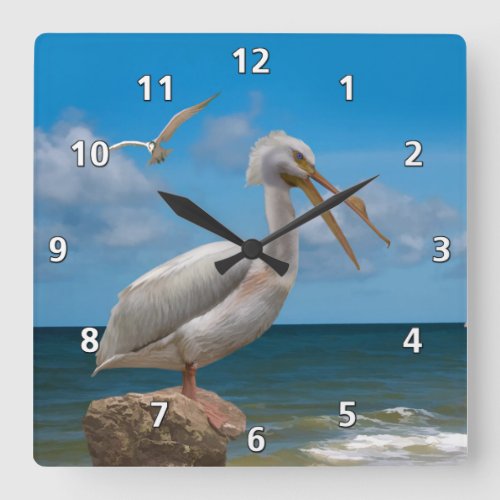 White Pelican on a Rock Square Wall Clock