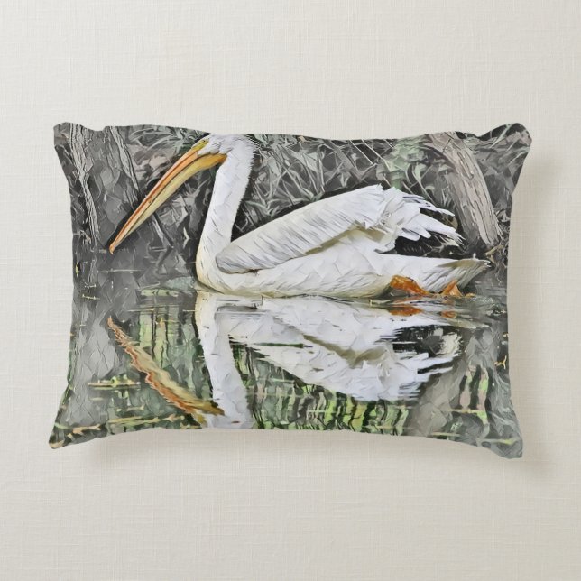 White Pelican Reflection in Lake Oil Painting Accent Pillow (Back)