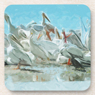 White Pelicans and Black Friend Abstract Beverage Coaster