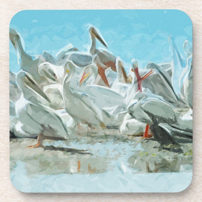 White Pelicans and Black Friend Abstract Beverage Coaster (Front)