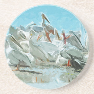 White Pelicans and Black Friend Abstract Coaster