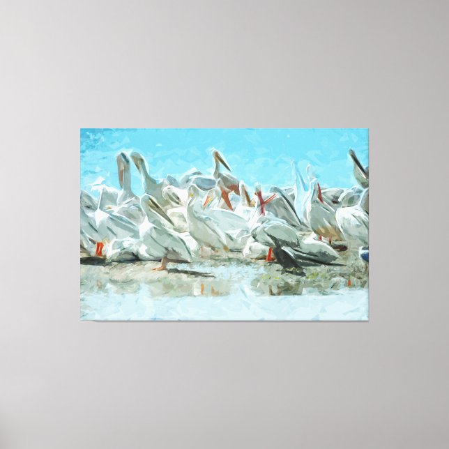 White Pelicans and Cormorant Abstract Canvas Print (Front)