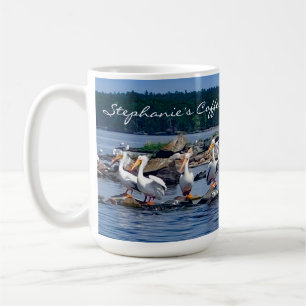 White Pelicans Party on the Lake Personalized Coffee Mug