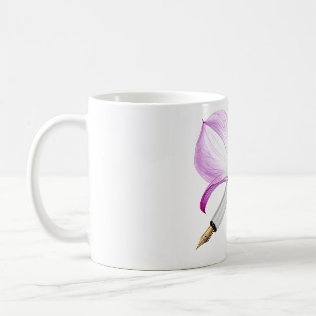 white pen whit pink ribbon coffee mug (Left)