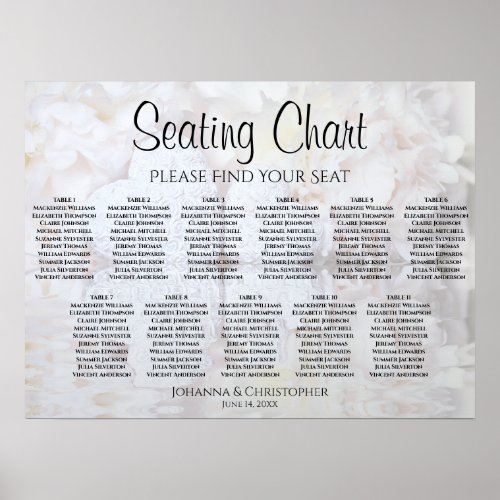 White Peonies 11 Table Wedding Seating Chart
