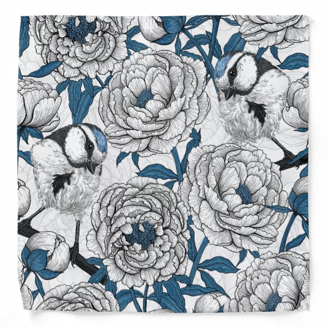 White peonies and blue tit birds bandana (Front)