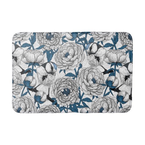 White peonies and blue tit birds bath mat