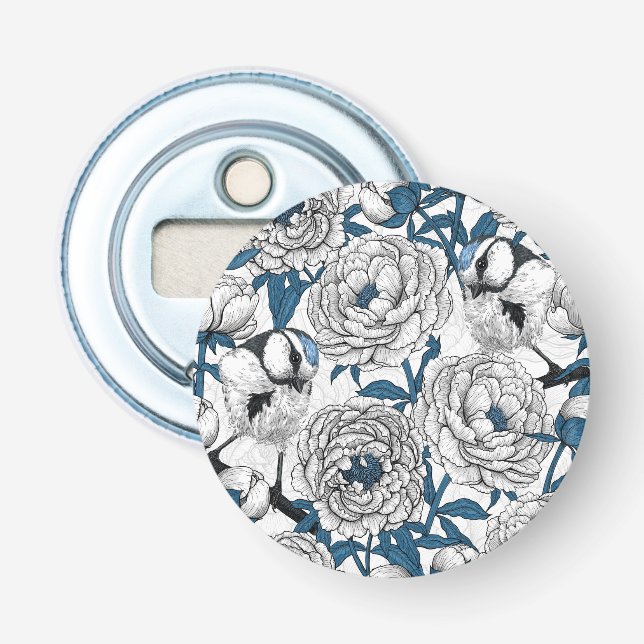 White peonies and blue tit birds bottle opener (Front)