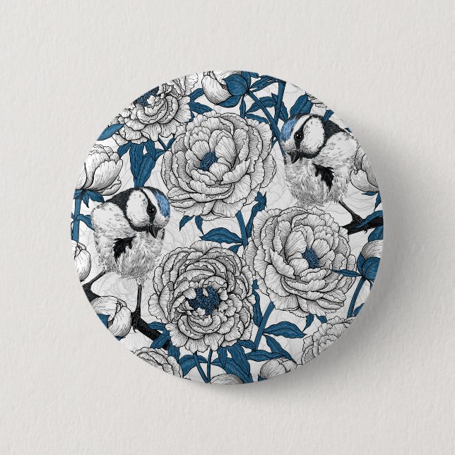 White peonies and blue tit birds button (Front)
