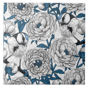 White peonies and blue tit birds ceramic tile