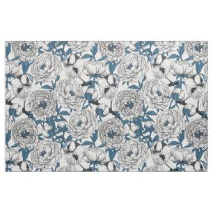 White peonies and blue tit birds fabric