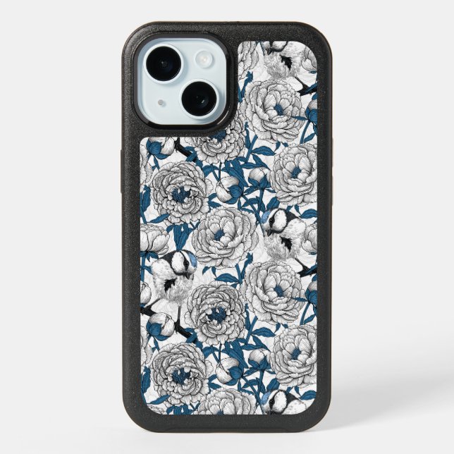 White peonies and blue tit birds iPhone 15 case (Back)