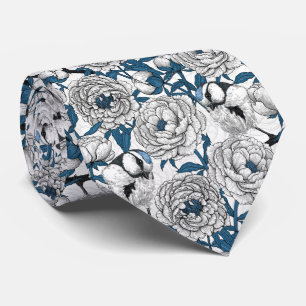 White peonies and blue tit birds neck tie