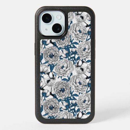 White peonies and blue tit birds iPhone 15 case