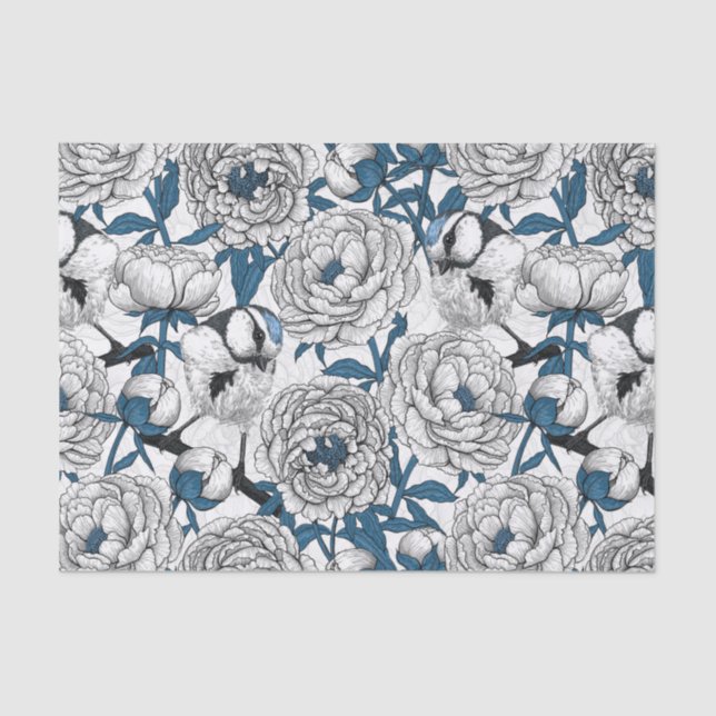 White peonies and blue tit birds tissue paper (Front)